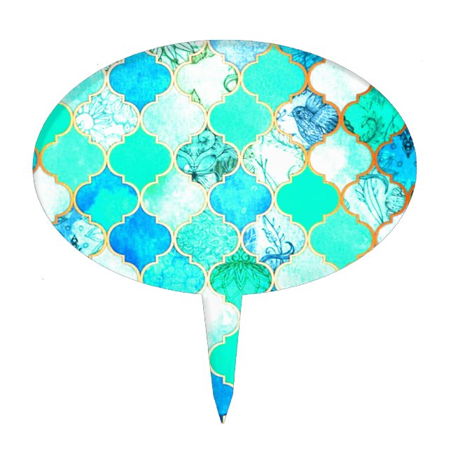 Teal, Gold, Blue Green Mermaid Pattern Cake Topper (Front)