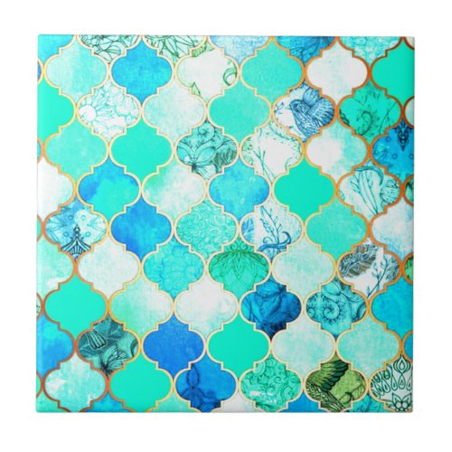 Teal Gold Blue Green Mermaid Pattern Ceramic Tile