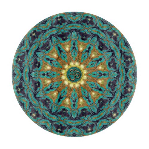 Teal Gold Bohemian Mandala OM Yoga Round Cushion Cutting Board