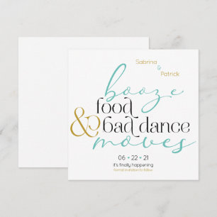 Teal Gold Booze Food Bad Dance Moves Save the Date Invitation