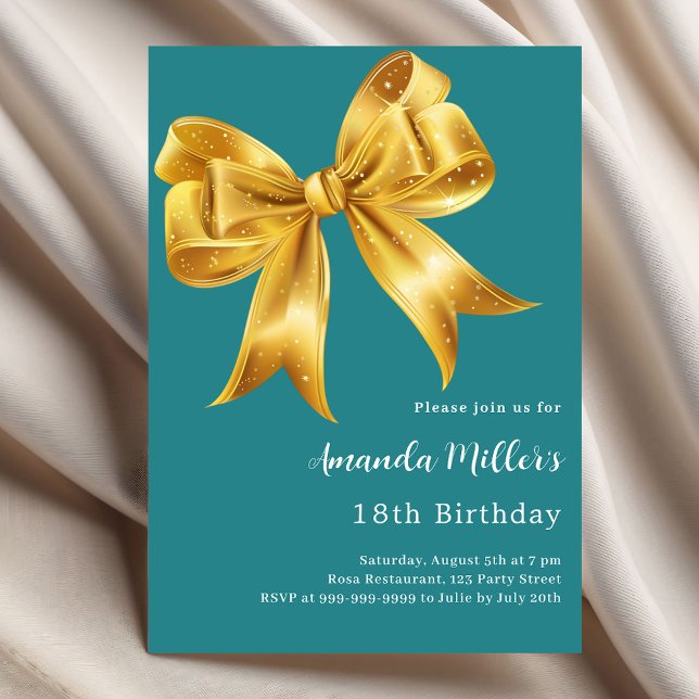 Teal gold bow birthday invitation (Creator Uploaded)