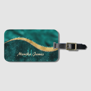 Teal Gold Brushed Metal Monogram Name and Initial Luggage Tag