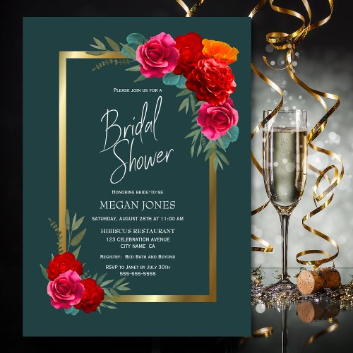 Teal Gold Burgundy Floral Bridal Shower Invitation