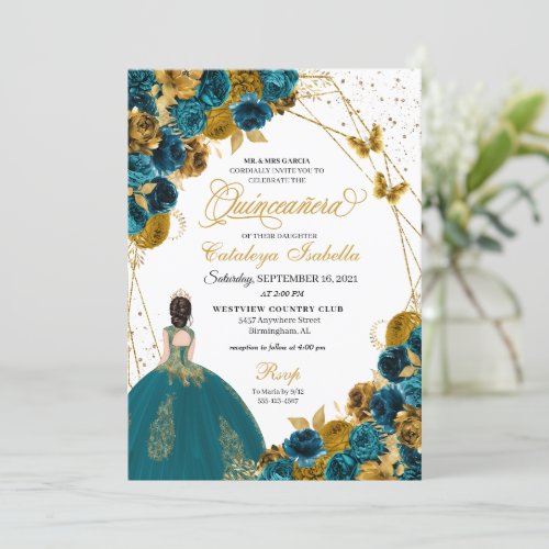 Teal  Gold Butterfly Princess Quinceanera Invitation