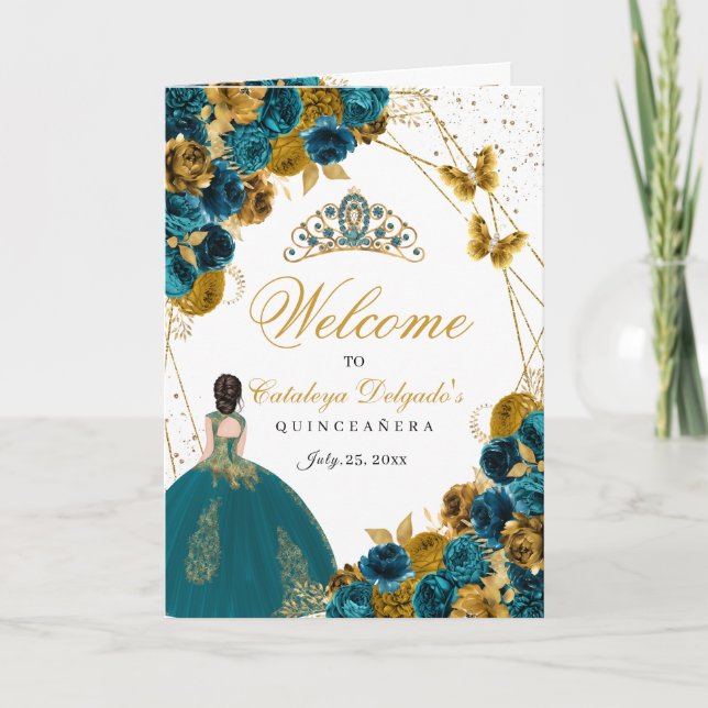 Teal & Gold Butterfly Quinceanera Program (Front)