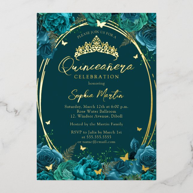 Teal Gold Captivating Floral Butterfly Quinceanera Foil Invitation (Front)