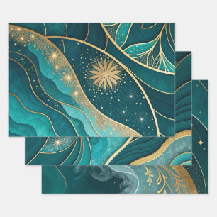 Teal Gold Celestial Floral Marble Abstract Design Wrapping Paper Sheets