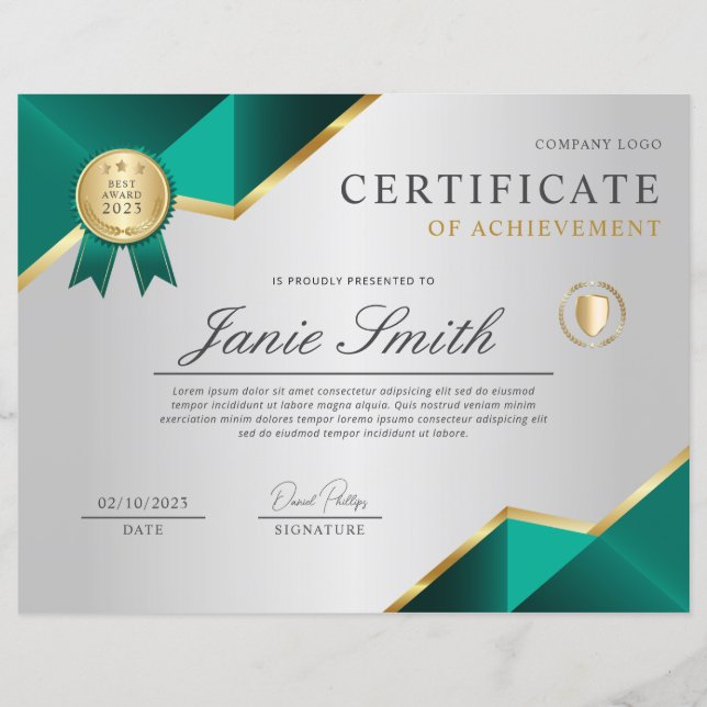 Teal & Gold Certificate Of Achievement Award (Front)