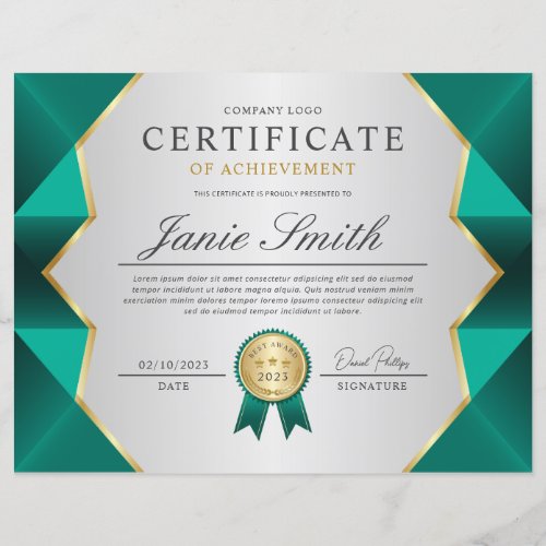 Teal  Gold Certificate Of Achievement Award