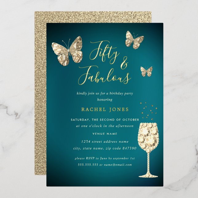 Teal Gold Champagne 50 & Fabulous Birthday Foil Invitation (Front/Back)