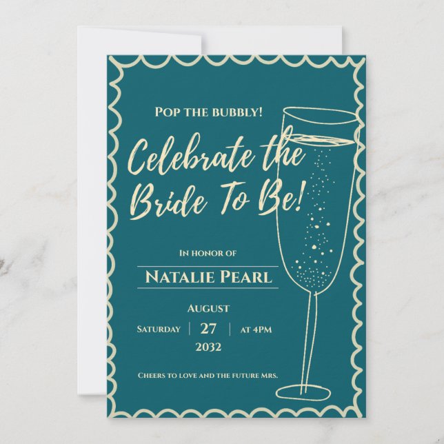 Teal Gold Champagne Pop the Bubbly Bridal Shower Invitation (Front)