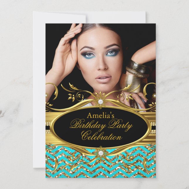 Teal & gold Chevron Diamond Photo Birthday Invitation (Front)