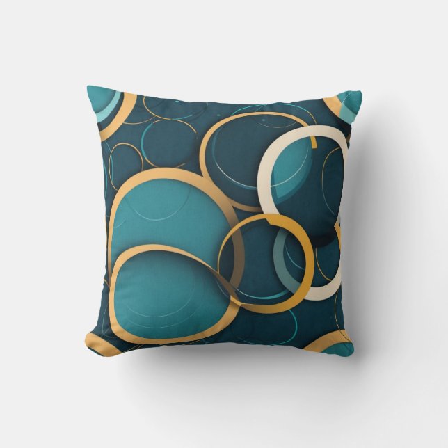Teal, Gold Circles Throw Pillow (Front)