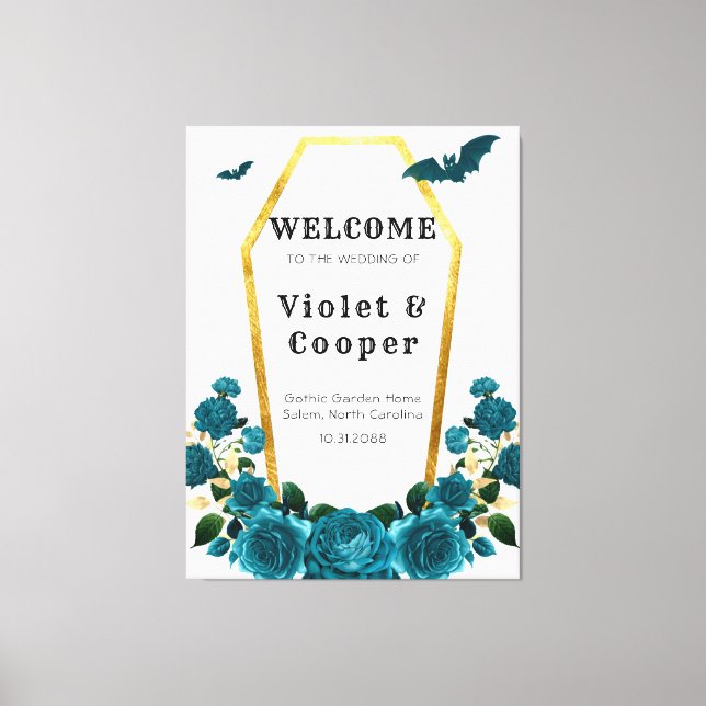 Teal Gold Coffin Floral Wedding Welcome Sign (Front)