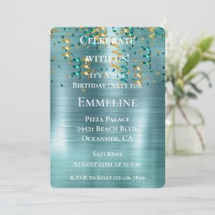 Teal Gold Confetti Birthday Invitation
