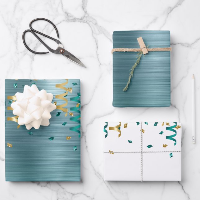 Teal Gold Confetti Birthday Wrapping Paper Sheets (Front)