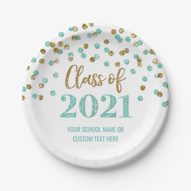 Teal Gold Confetti Graduation 2021 Paper Plates (Front)