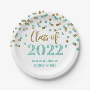 Teal Gold Confetti Graduation 2022 Paper Plates