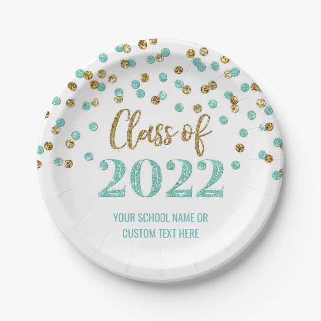 Teal Gold Confetti Graduation 2022 Paper Plates (Front)