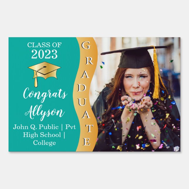 Teal | Gold Congrats Graduate Wave Photo Sign (Front)