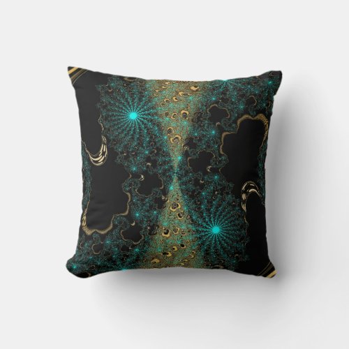 Teal  Gold Contrast Fractal Web Swirl Throw Pillow