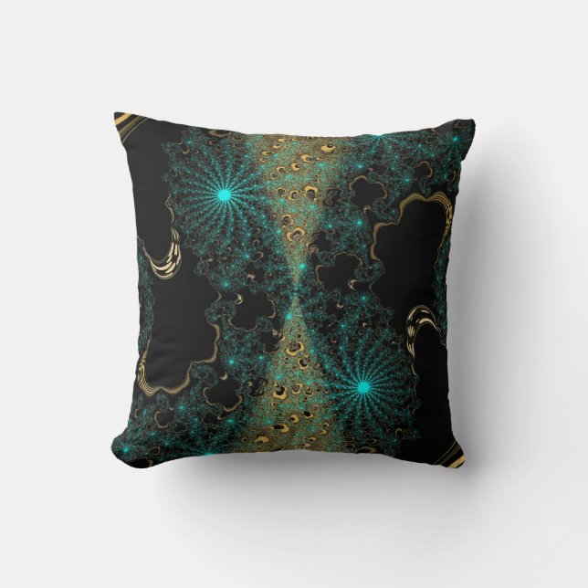 Teal & Gold Contrast Fractal Web Swirl Throw Pillow (Front)