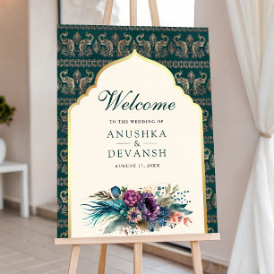 Teal Gold Cream Indian Wedding Welcome Sign