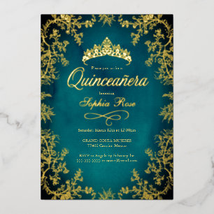 Teal Gold Crown Floral Quinceanera Foil Invitation