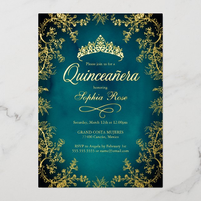 Teal Gold Crown Floral Quinceanera  Foil Invitation (Front)