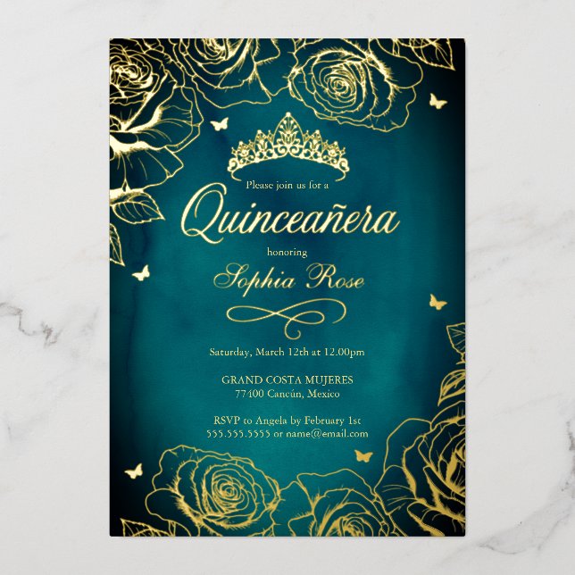 Teal Gold Crown Roses Theme Quinceanera  Foil Invitation (Front)