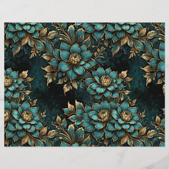 Teal & Gold Dark Grunge Flowers  (Front)