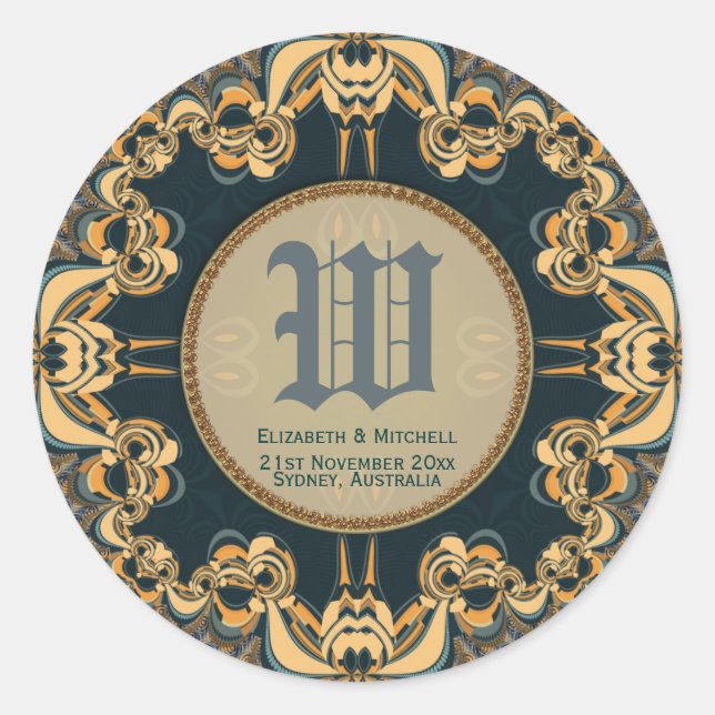 Teal Gold Decorative Lace Monogram Keepsake Melami Classic Round Sticker (Front)