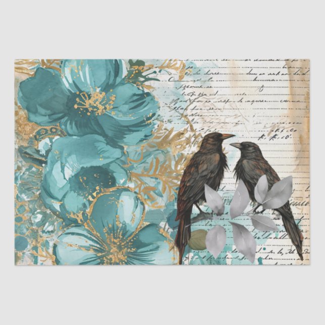 Teal & Gold Distressed Floral & Ravens Tissue Paper (Front)