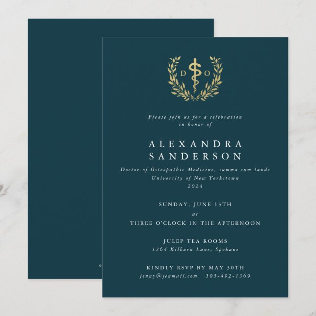 Teal/Gold Doctor of Osteopathic Medicine Grad Invitation (Front/Back)