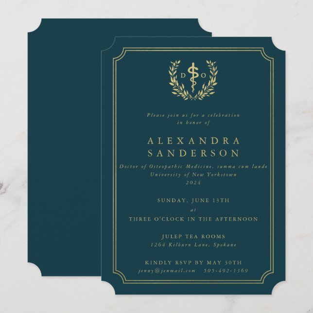 Teal/Gold Doctor of Osteopathic Medicine Grad Invitation (Front/Back)