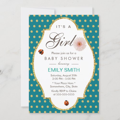 Teal Gold Dots Daisy  Ladybug Girl Baby Shower Invitation