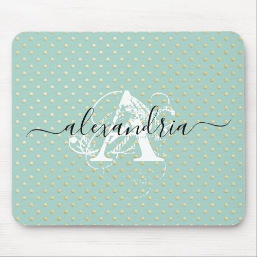 Teal Gold Dots Monogram Mouse Pad