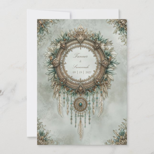 Teal Gold Dreamcatcher Boho Feather Wedding Invitation (Front)