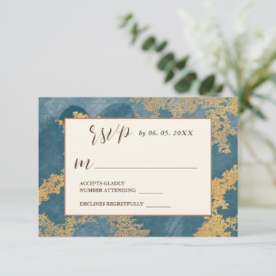 Teal Gold Elegant Abstract Watercolor Wedding RSVP Card