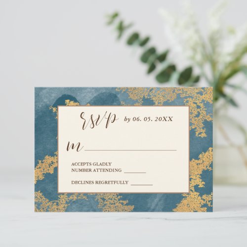 Teal Gold Elegant Abstract Watercolor Wedding  RSVP Card