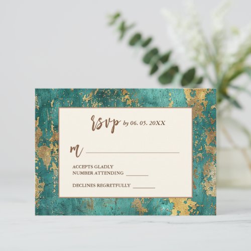 Teal Gold Elegant Abstract Watercolor Wedding  RSVP Card