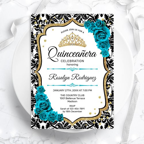 Teal Gold Elegant Damask Quinceanera Invitation