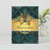 Teal Gold Elegant Damask Quinceanera Invite (Standing Front)