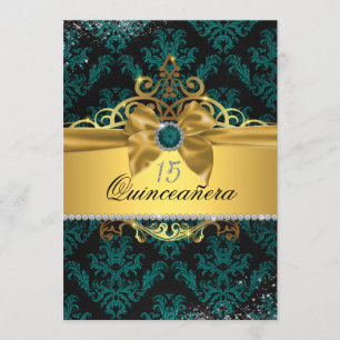 Teal Gold Elegant Damask Quinceanera Invite