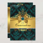 Teal Gold Elegant Damask Quinceanera Invite (Front/Back)