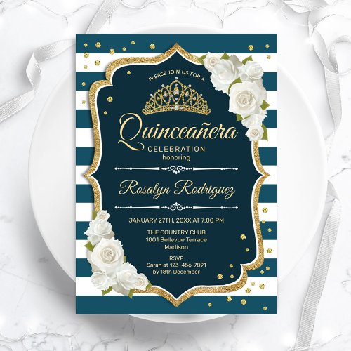 Teal Gold Elegant Quinceanera Invitation