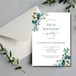 Teal Gold Elegant Watercolor Floral 60th Birthday Invitation