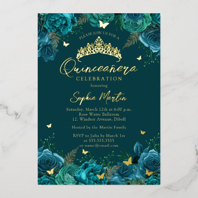Teal Gold Enchanting Floral Butterfly Quinceanera Foil Invitation (Front)