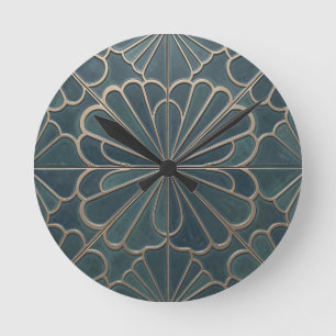 Teal Gold Fan Pattern Art Deco Geometric Round Clock