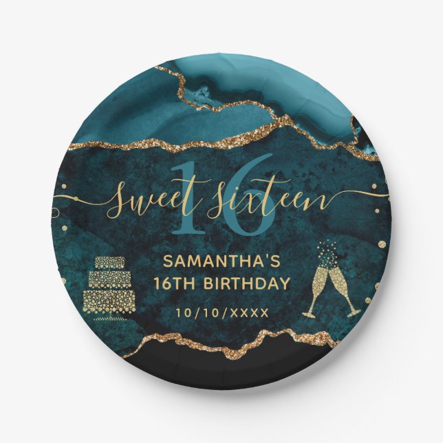 Teal & Gold Faux Glitter Agate Marble Sweet 16 Paper Plates (Front)